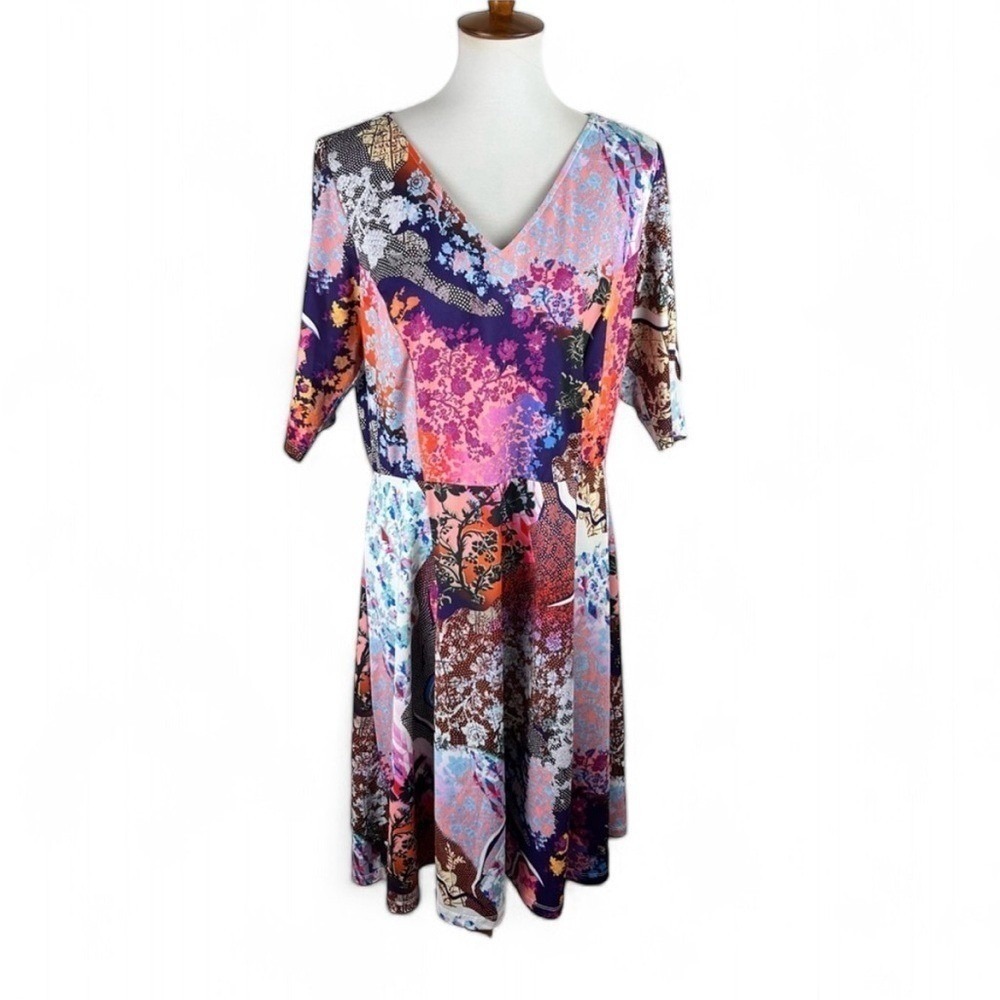 Triste Floral Abstract Mixed Print V-Neck Dress Size 1X Multicolor Boho